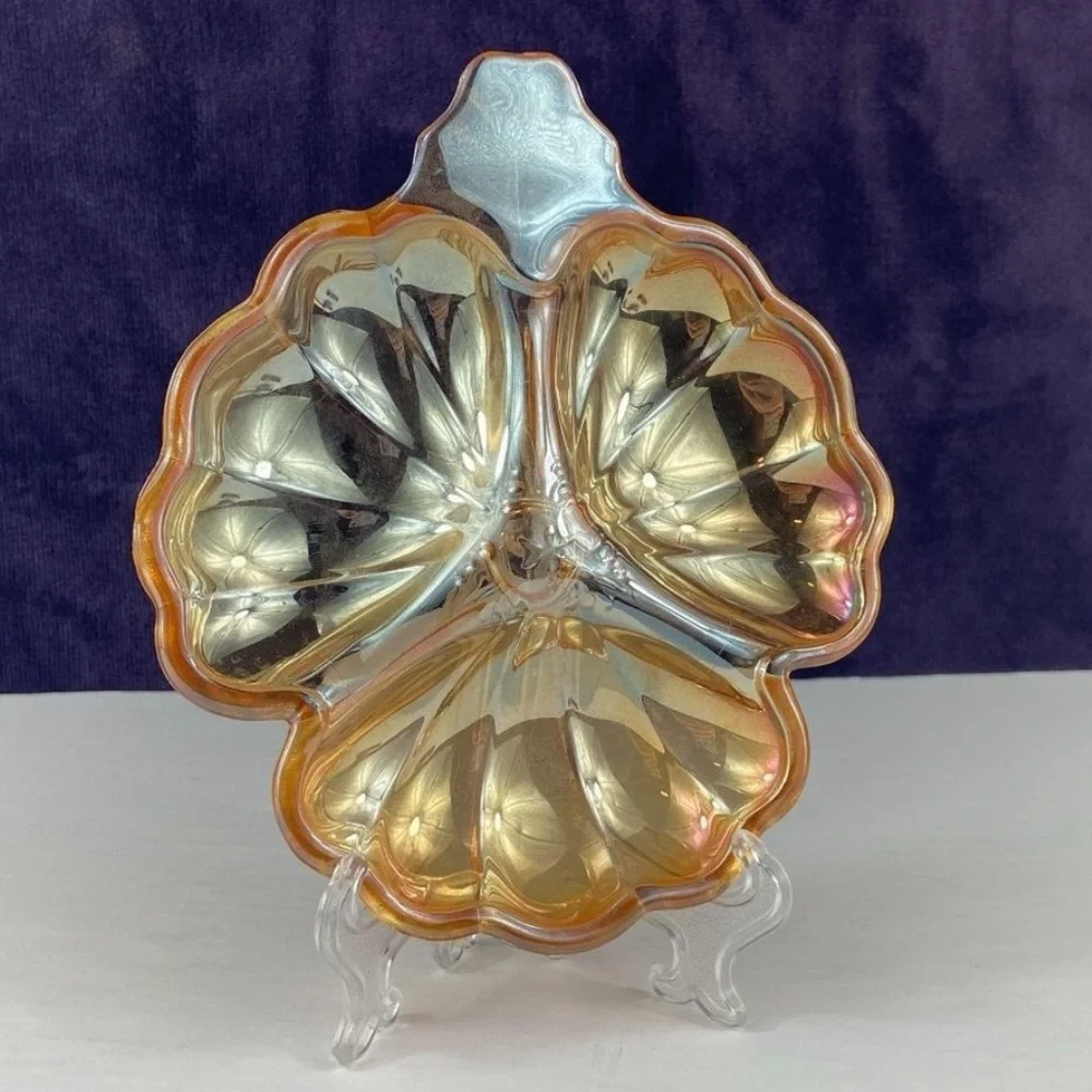 Jeannette Marigold Doric Shamrock, Clover Iridescent Carnival Glass Candy Dish